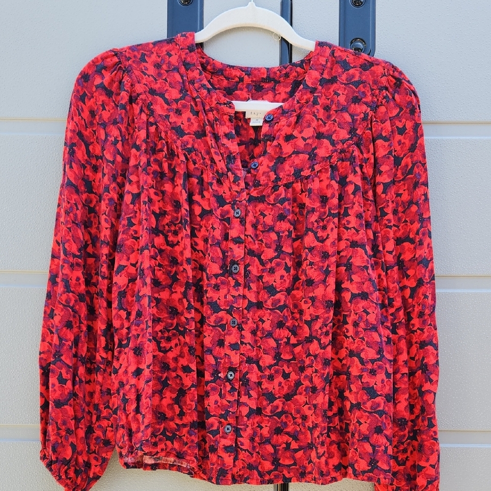 A New Day Red Puff Sleeve Blouse with Mandarin Collar